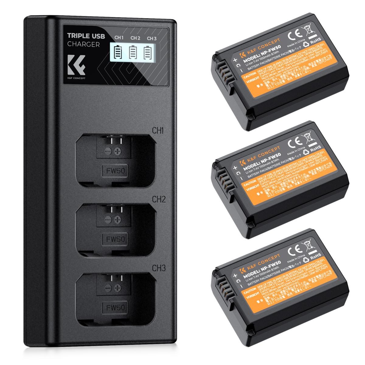 K&F Concept Battery for SONY NP-FW50 1100mAh 3PCS + 3 Slot Charger