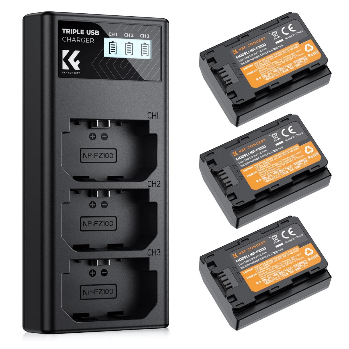 K&F Concept Battery for SONY NP-FZ100 2280mAh 3PCS + 3 Slot Charger